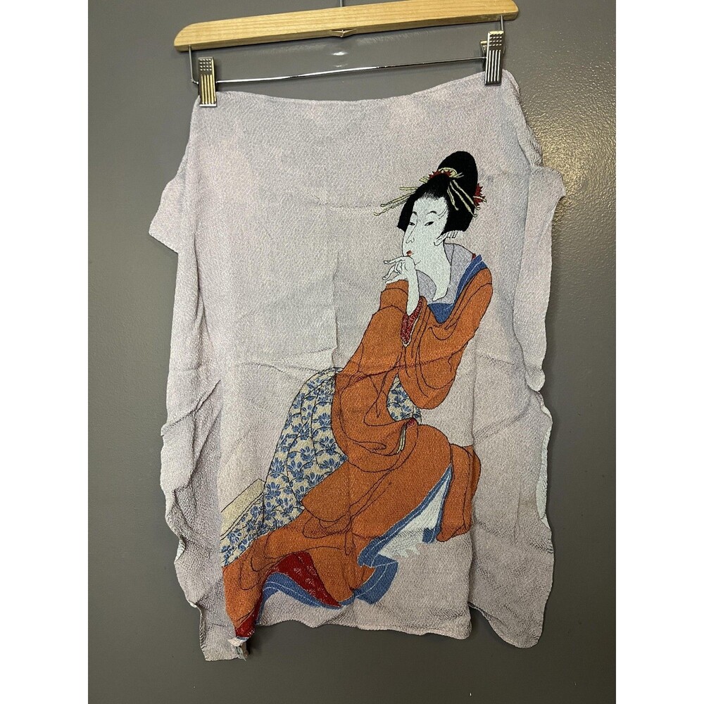 Handmade Japanese Geisha Woman Embroidery Tapestry Panel Orange Kimono Medium